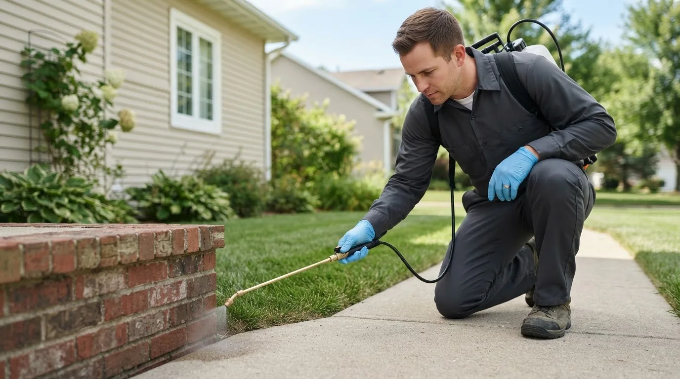 Pest control technician treating a home near Bellaire, OH